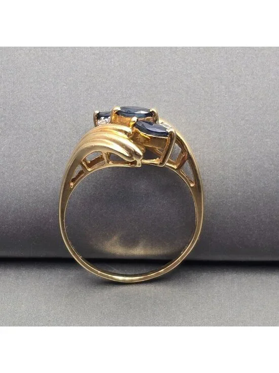 10k Gold Ring Size 7 3 Marquise Sapphire & 2 Diamond Accents Signed Cardow - Picture 3 of 16